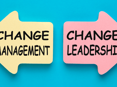 Two arrows on a blue background labeled "Change Management" and "Change Leadership"