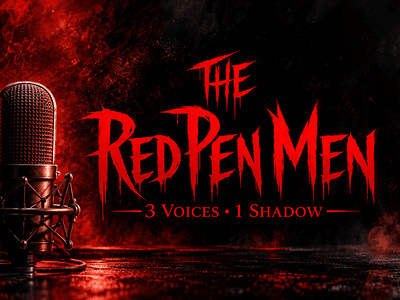 Logo for "The Red Pen Men" podcast with microphone and dramatic red background