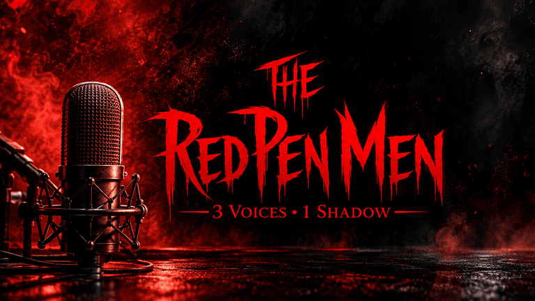 Logo for "The Red Pen Men" podcast with microphone and dramatic red background
