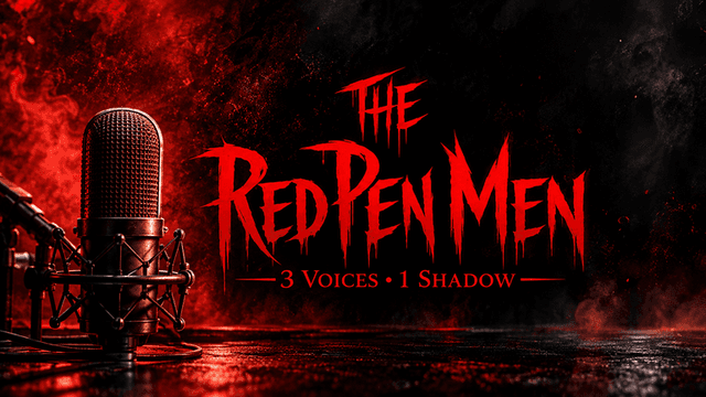 Logo for "The Red Pen Men" podcast with microphone and dramatic red background