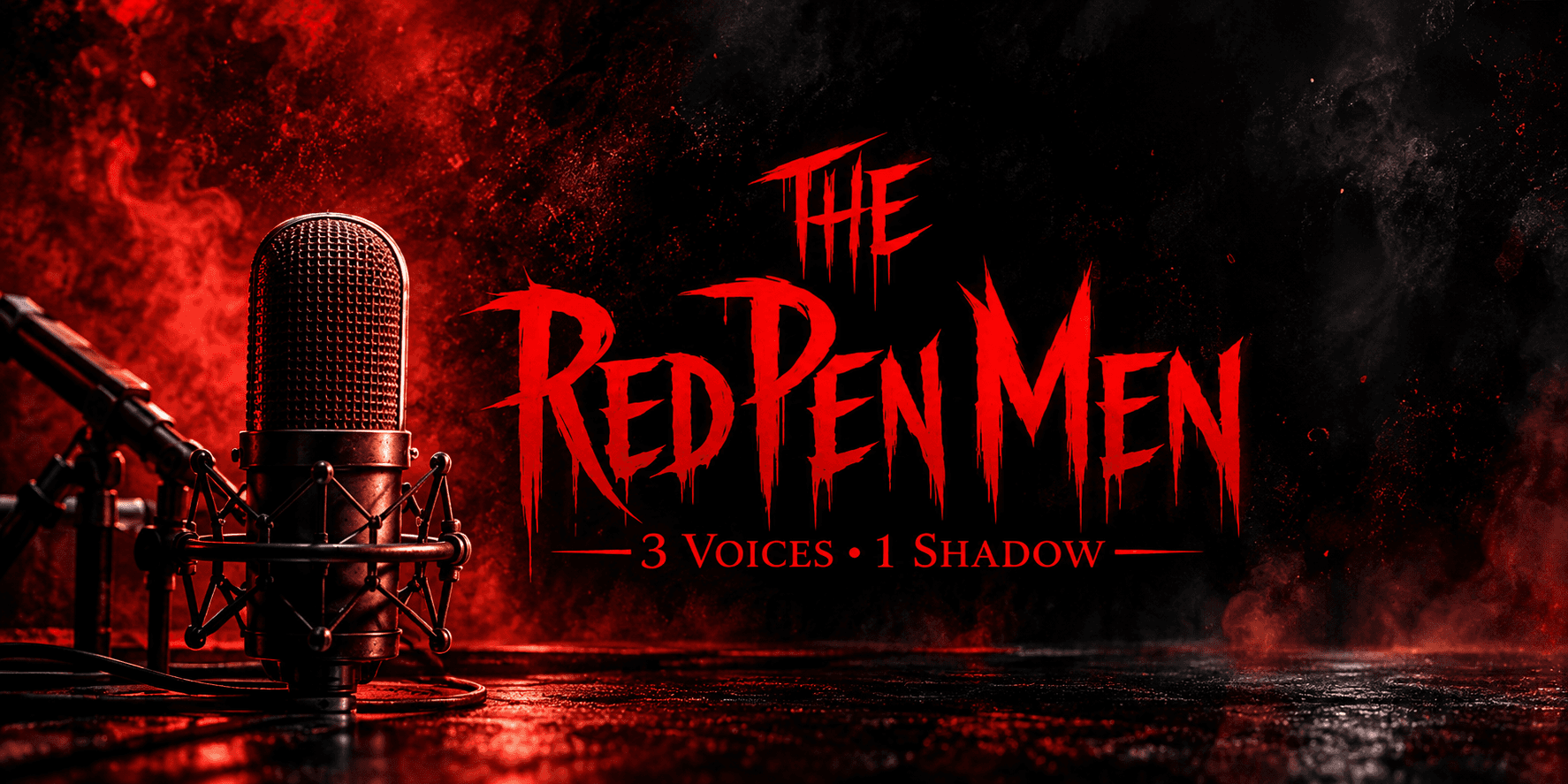 Logo for "The Red Pen Men" podcast with microphone and dramatic red background