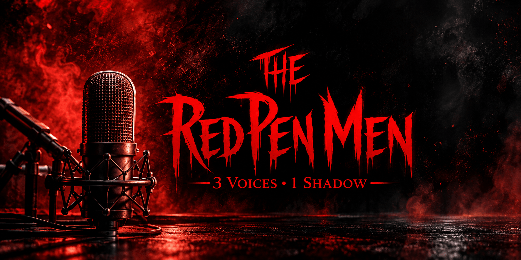 Logo for "The Red Pen Men" podcast with microphone and dramatic red background