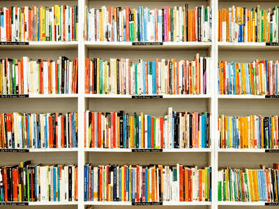 A colorful bookshelf filled with neatly organized books in various sizes and colors