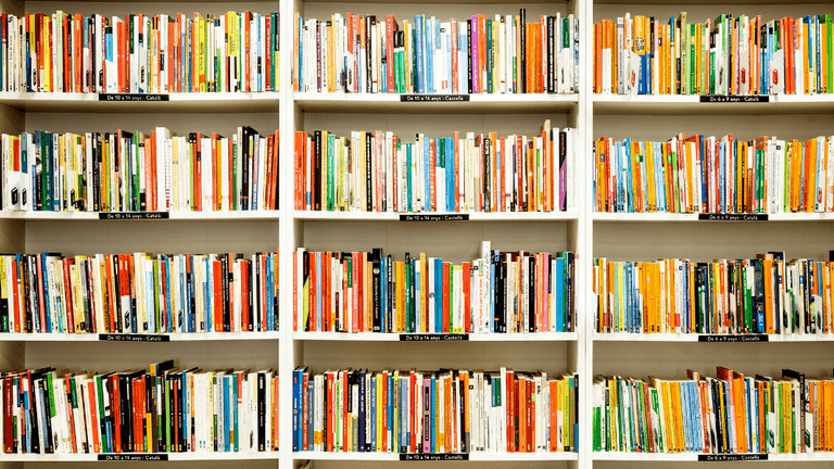 A colorful bookshelf filled with neatly organized books in various sizes and colors