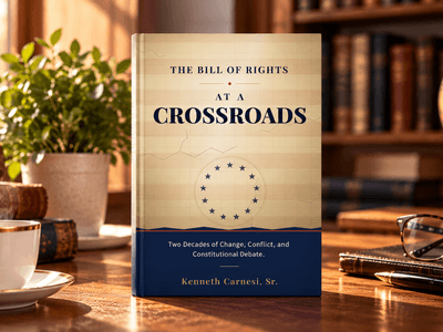 Book titled "The Bill of Rights at a Crossroads" on a desk with decor
