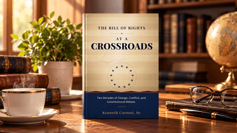 Book titled "The Bill of Rights at a Crossroads" on a desk with decor