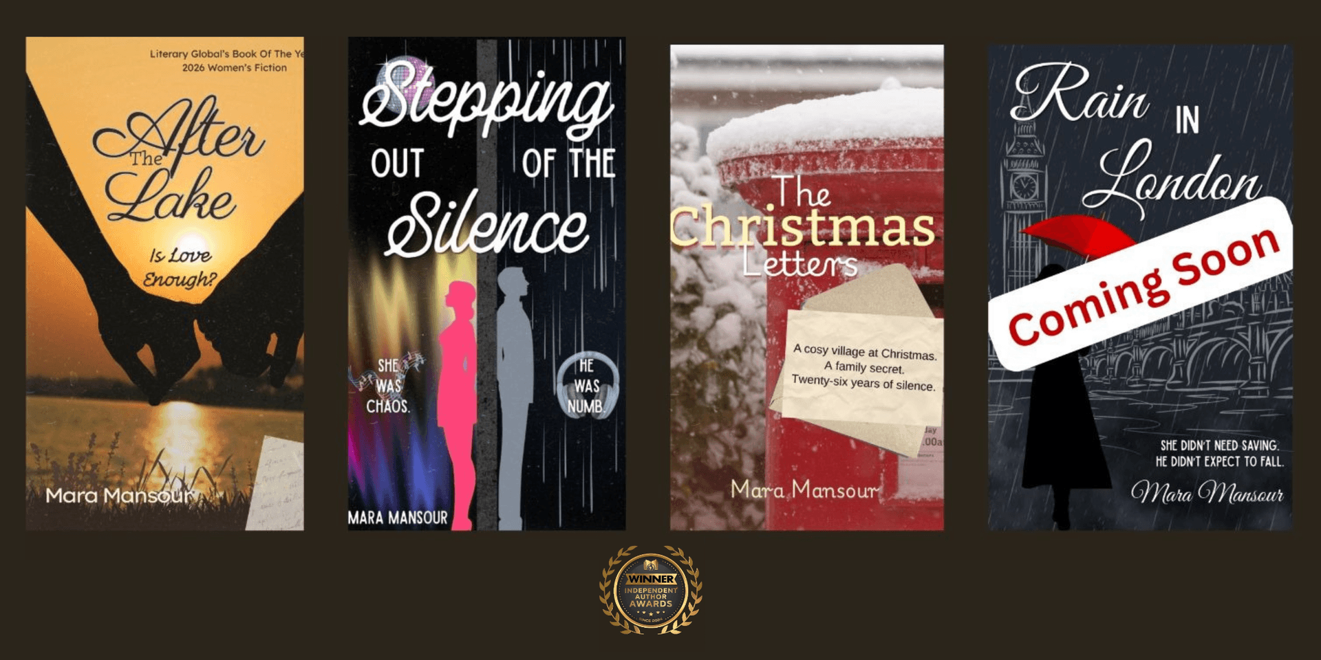 Four book covers by Mara Mansour, featuring various titles and a "Coming Soon" label.