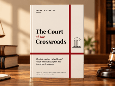 A book titled "The Court at the Crossroads" with a gavel and law books in background