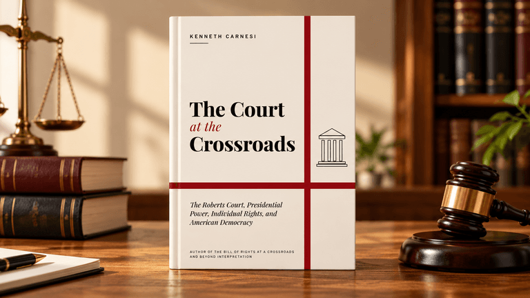 A book titled "The Court at the Crossroads" with a gavel and law books in background