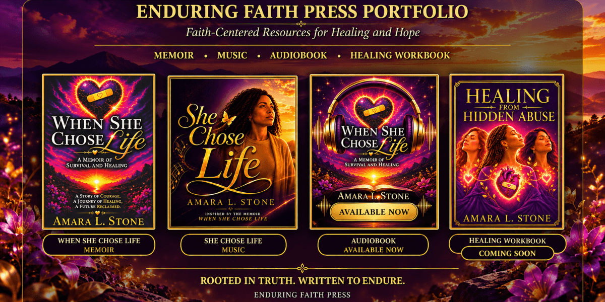 Promotional graphic for Amara L. Stone's faith-centered books and resources on healing