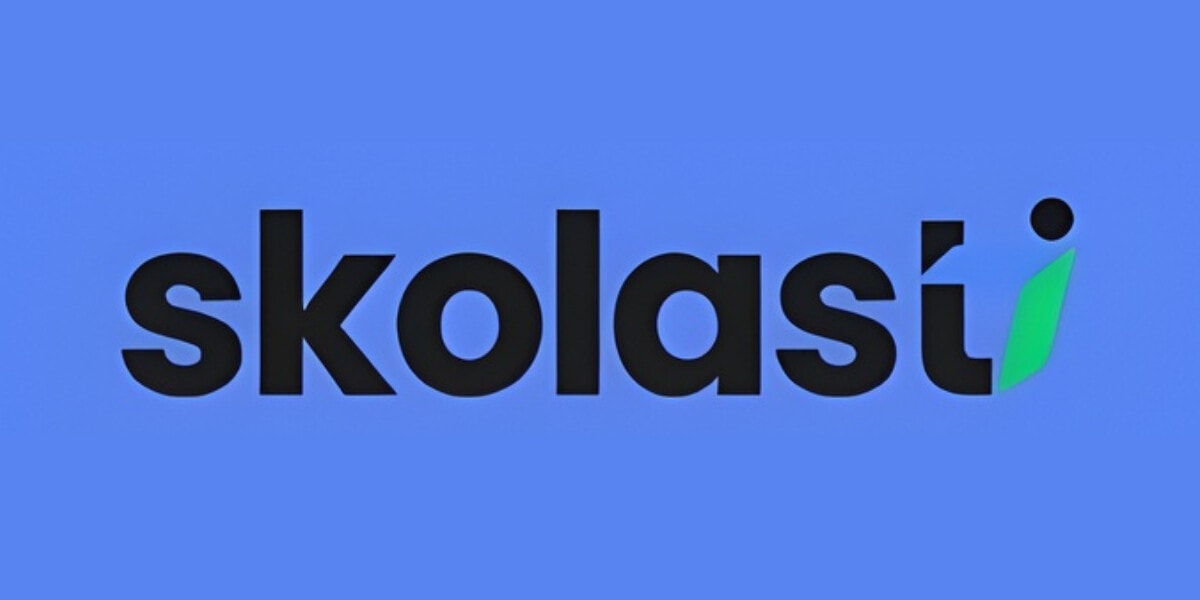 Skolasti logo featuring sleek, modern typography with a green leaf accent, set against a blue background, symbolizing innovation.