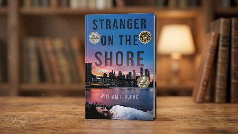 A book titled "Stranger on the Shore" by William J. Borak is displayed on a wooden table. The cover features a city skyline at sunset and a woman lying down. The background includes blurred bookshelves and a warm lamp, suggesting a cozy library setting.