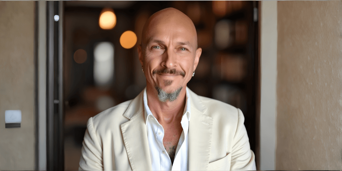 Bald man in a cream blazer smiling warmly indoors.