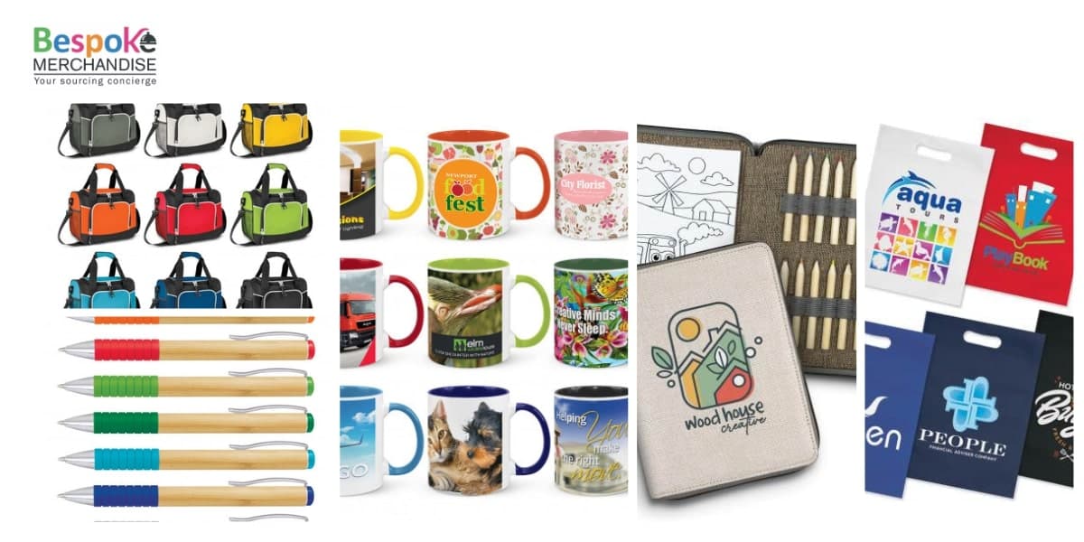 a selection of custom-branded merchandise such as bags, mugs, pens, notebooks, and promotional items.