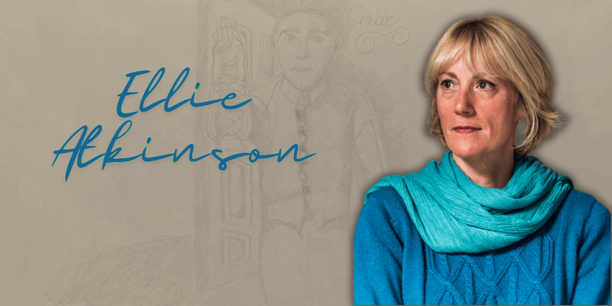 Author Ellie Atkinson with book title overlay and historical sketch, highlighting her historical fiction writing style.