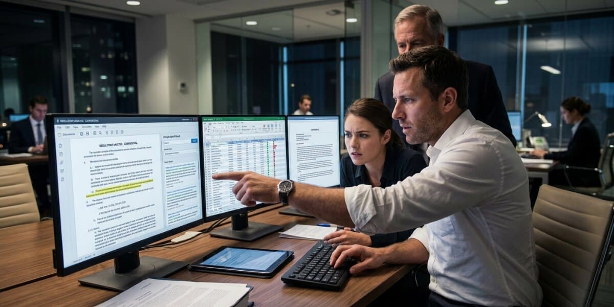 A focused team of three professionals examines data on dual monitors, pointing and discussing intensely, conveying urgency in a modern office setting at night.