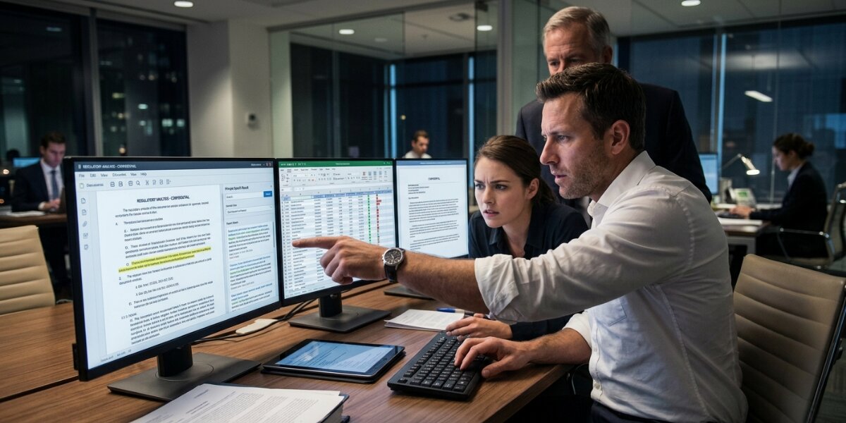 A focused team of three professionals examines data on dual monitors, pointing and discussing intensely, conveying urgency in a modern office setting at night.