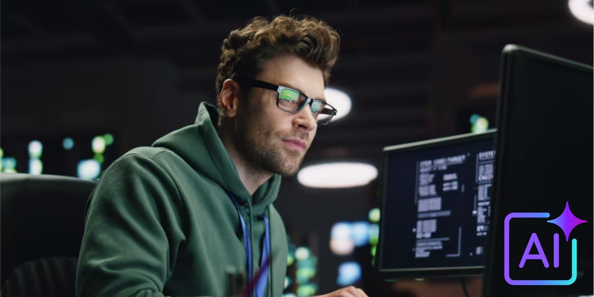 Developer using AI-powered coding tools on dual monitors in modern workspace.