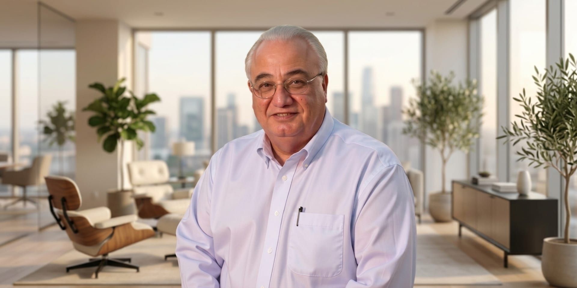Professional portrait of an older man with glasses smiling in a modern high-rise office overlooking a city skyline.