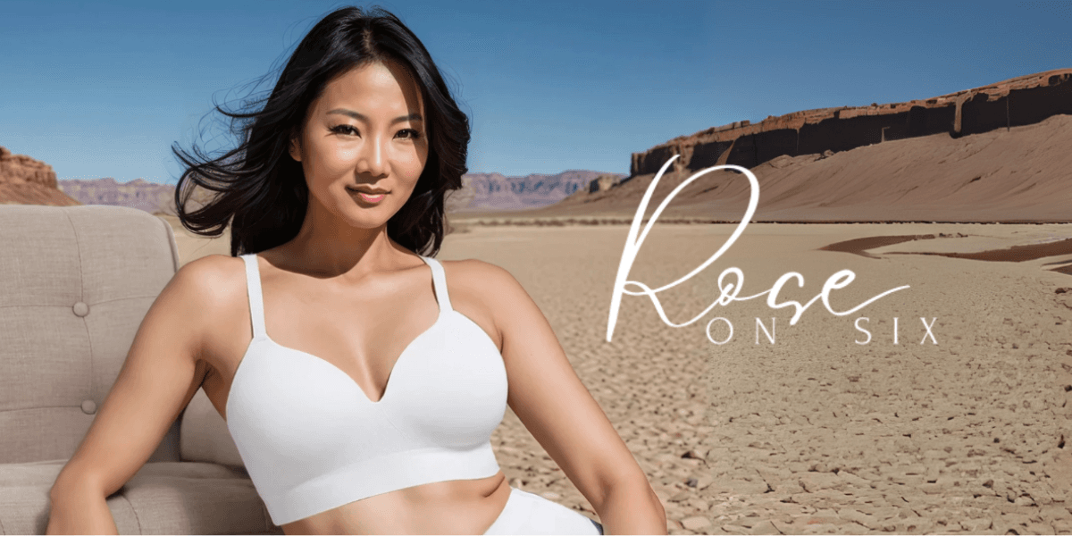 A woman wearing a wire-free bra by Rose on Six, showcasing comfort and style against a desert backdrop.