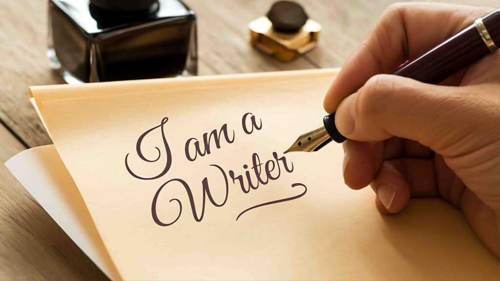 Hand writing "I am a Writer" with a fountain pen beside an ink bottle and paper.
