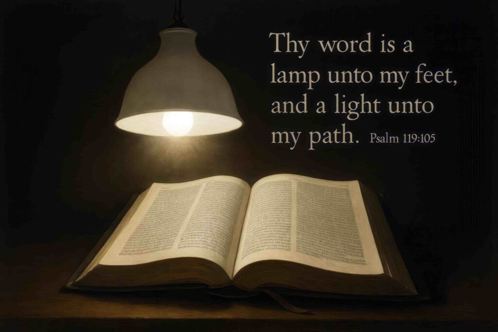 Open Bible beneath a lit lamp displaying Psalm 119:105.